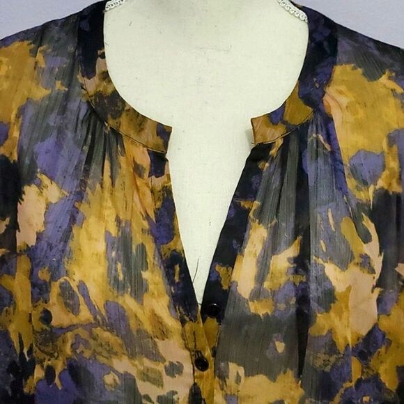 UO Staring at the Stars Boho Brown Smokey Abstrsct Pleated Cuffed Sleeves Top - Picture 2 of 13